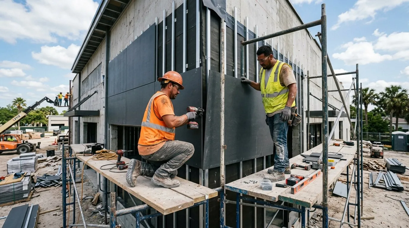 Instaladores de fachadas comerciales montando paneles de revestimiento sobre andamios