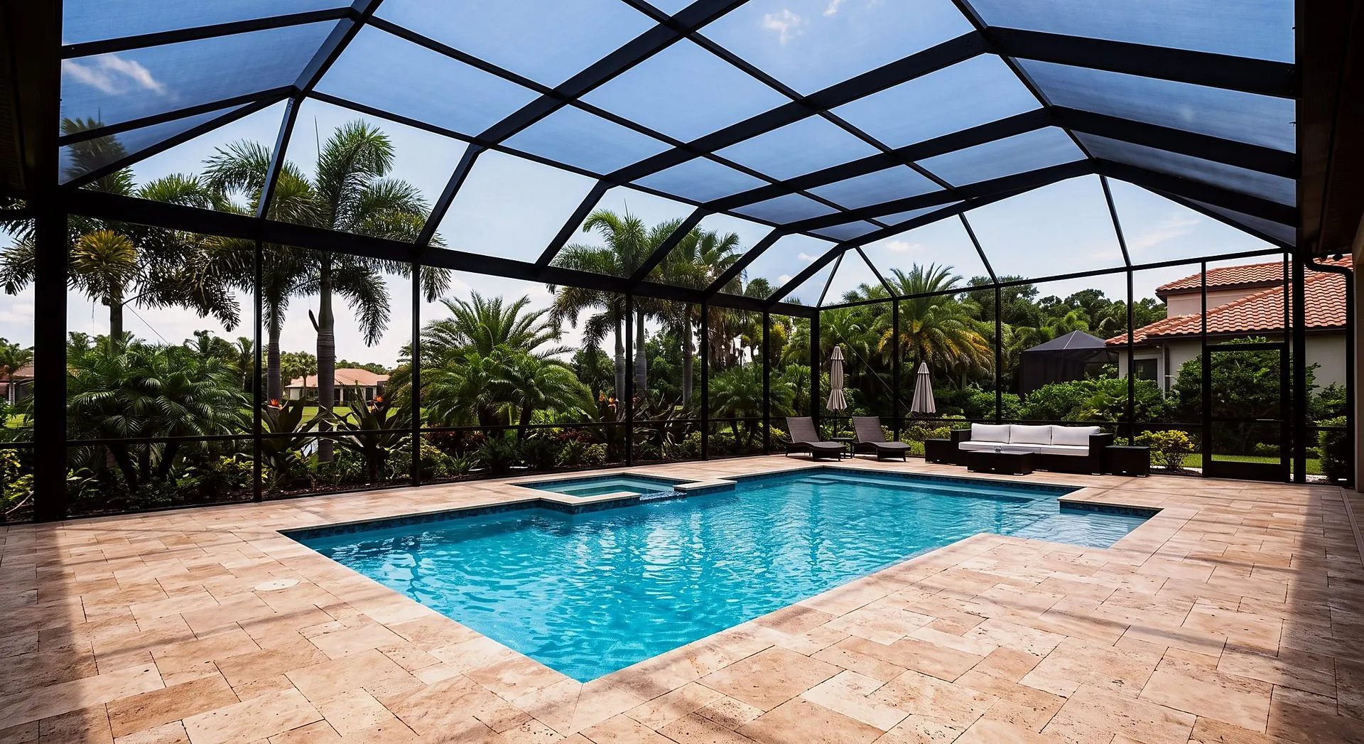 Screen enclosure sobre una piscina en una casa de Florida Central, con deck de travertino y palmeras