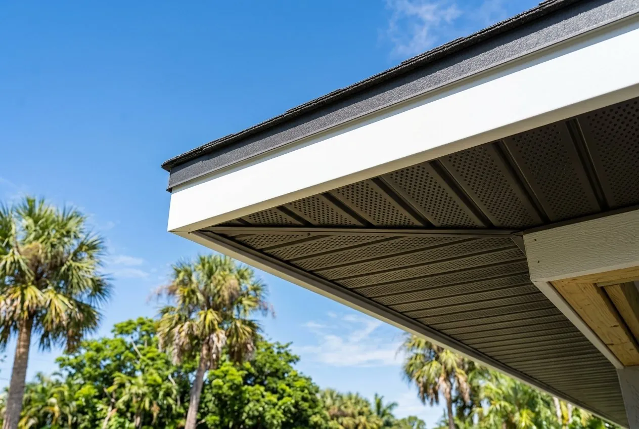 Soffit ventilado y fascia bajo un alero amplio con viga de madera