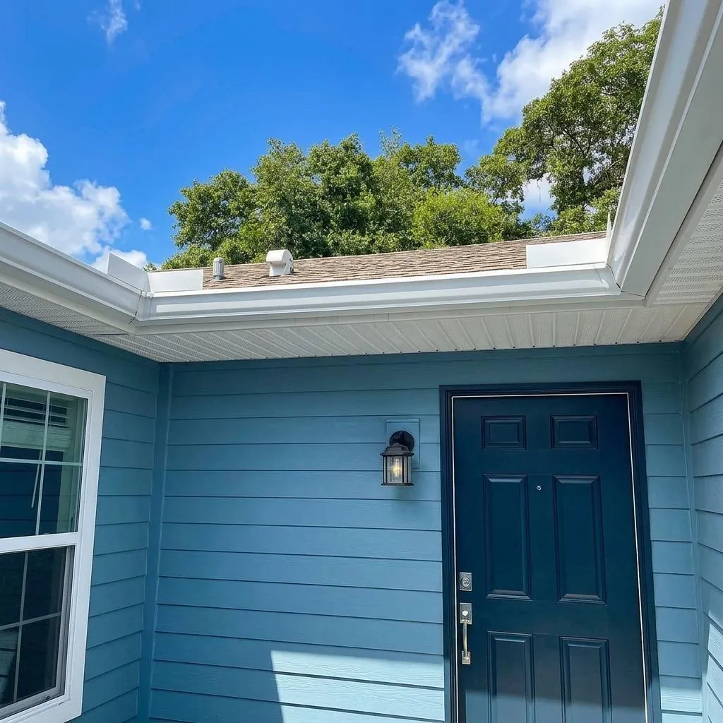 White seamless gutter and downspout running along the eave of a blue lap-siding home