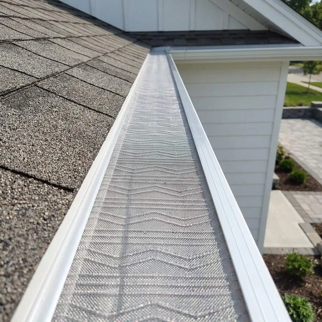 Micro-mesh gutter guard installed over a gutter at the shingle edge