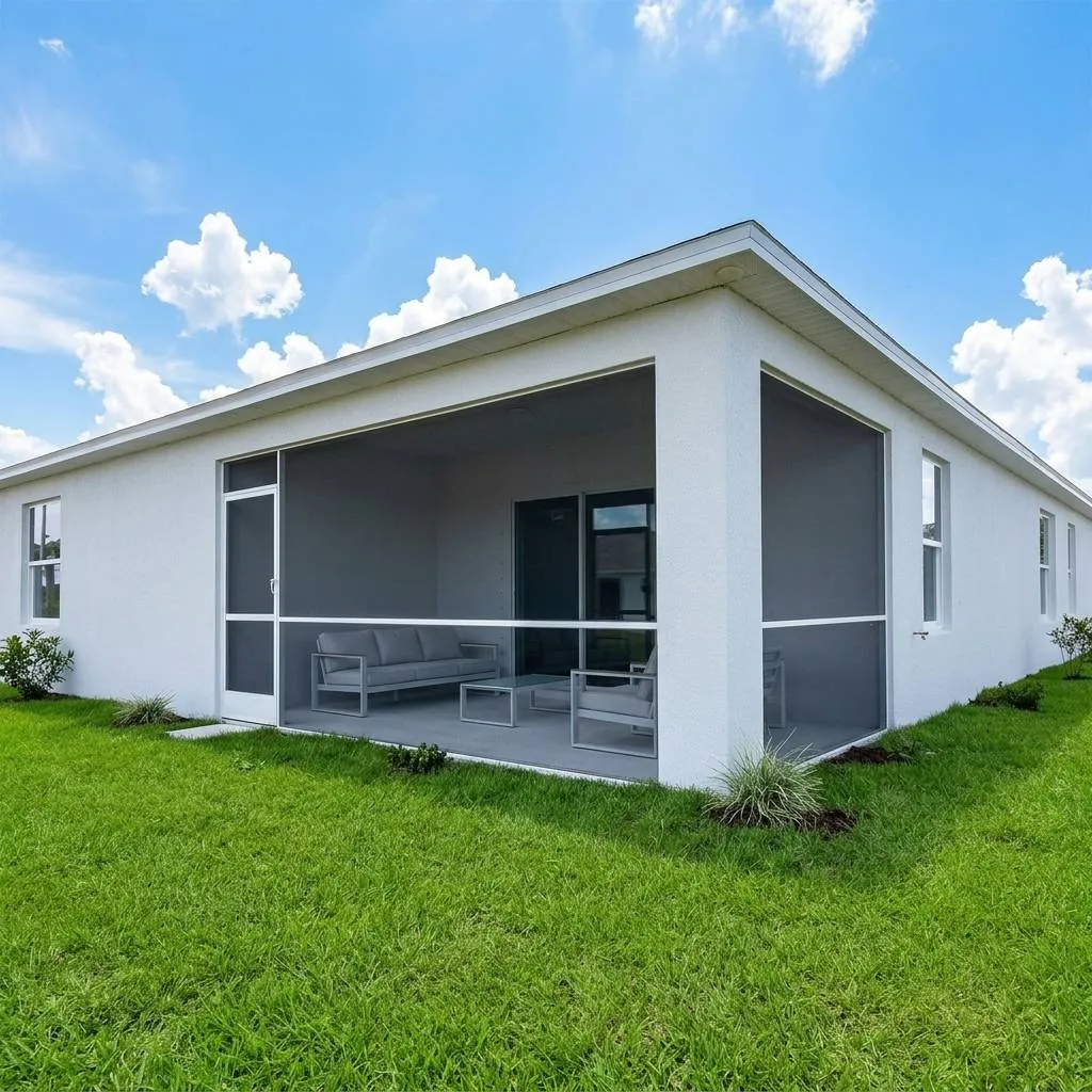 Screened lanai on a white single-story home, completed install